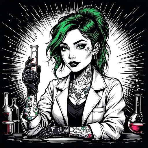 She is a woman that lives in the biotechnology faction of a RPG world. She’s 24 years old, is a scientist that uses herself as testing, had biochemistry tattoos and greenish hair. Her style has traces of punk