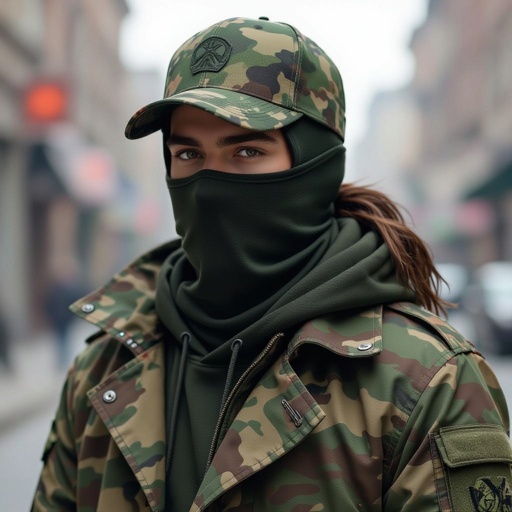 Military teen male, camo balaclava , camo cap, camo leafy trench coat, long brown hair in a ponytail,
