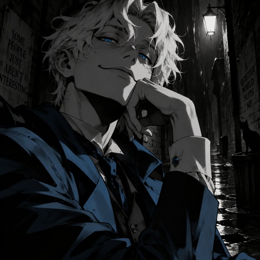 Male, fluffy white hair, big blue eyes, long smile, snobby, wears blue, whiny,