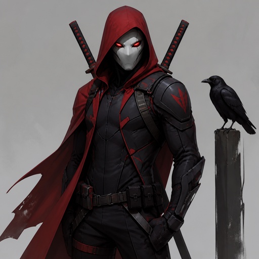 male Villian mercenary, red hood full white face mask, two swords on back, red eyes, crow, suit design 