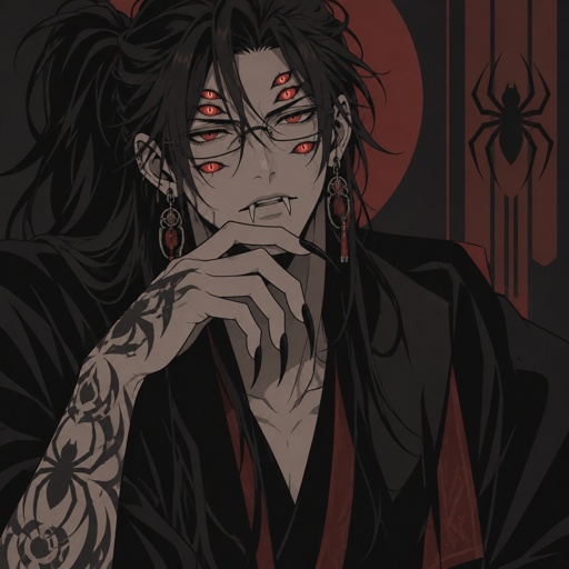 Anime male, hair messy long hair spider web like with short ponytail, clean shaven, highly skilled tall, in late 20s, migraines, sarcastic ,red glowing eight eyes two eyes on cheeks, serious face,been experiment on for many years until finally found and rescued hates people, has power, dangerous, glasses, loves spiders, nice big earrings,tattoos on arms, agrees to help people but on his terms, doesn't remember anything from his past before except the experiments, long scary fingers, spider fangs, traumatized