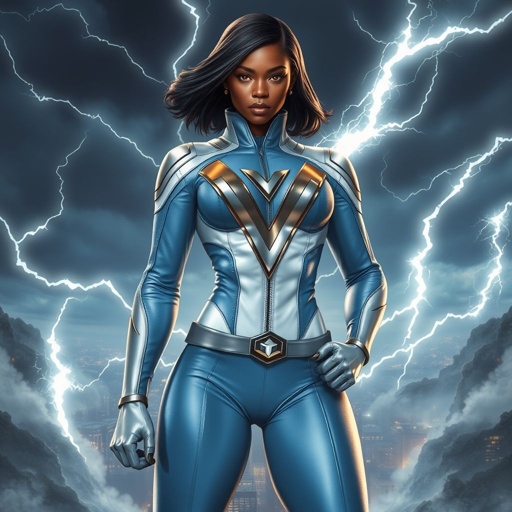 African American female superhero with hair  in a shoulder length side part hairstyle with pure Gold glowing eyes wearing  a leather light blue white and silver suit with light blue pants and silver boots and a V as her chest emblem controlling a storm in Philadelphia 