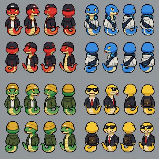 Animal snakes for a fantasy game set in modern times, top-down style, 360, different colors