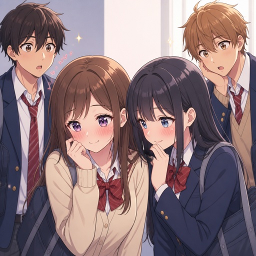 Teen boys eyeing pretty girls and two blushing 