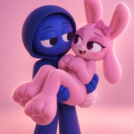 Pinki from Sprunki as her wererabbit self in Jevin from Sprunkis arms with her hands and feet being the stronger paws of her Wererabbit form
