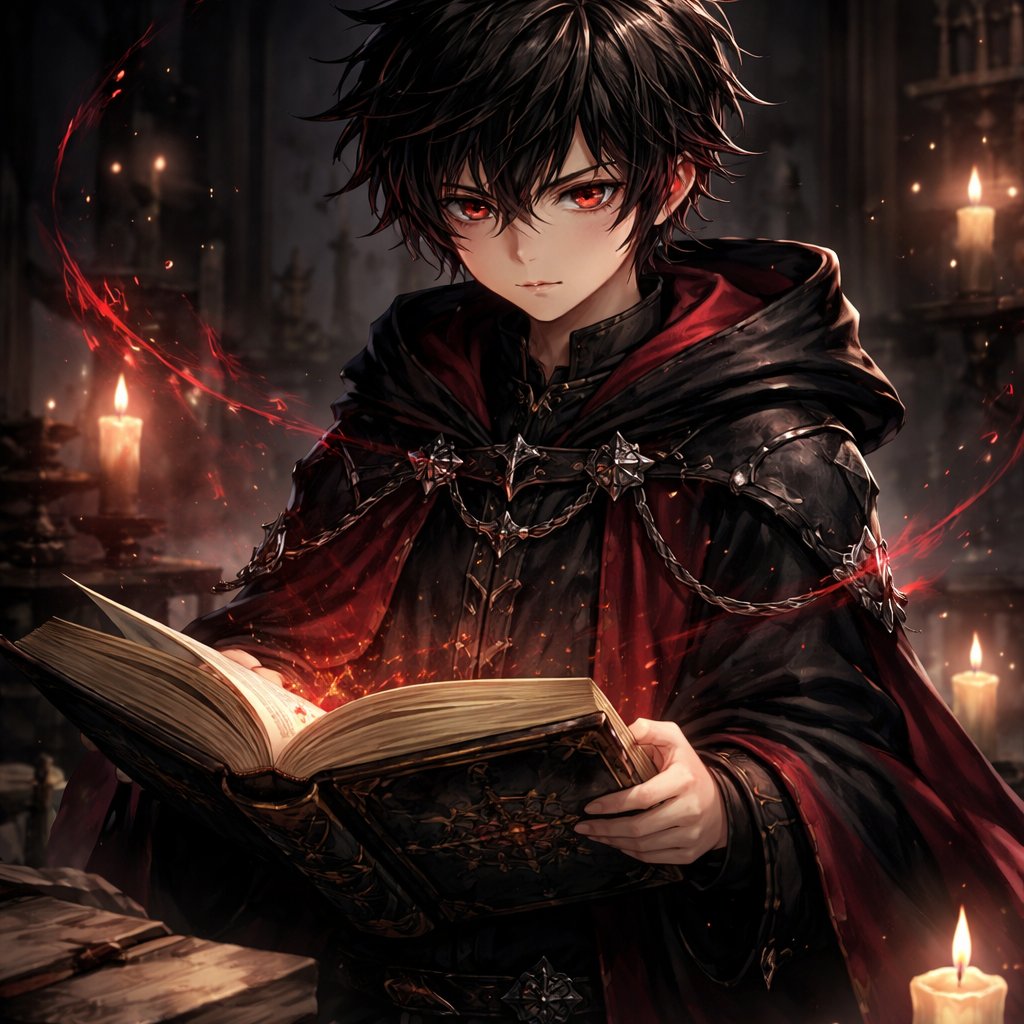 A boy magical who dark and moody type but miss understand he is evil and likes to wear red and black clothes and reads books