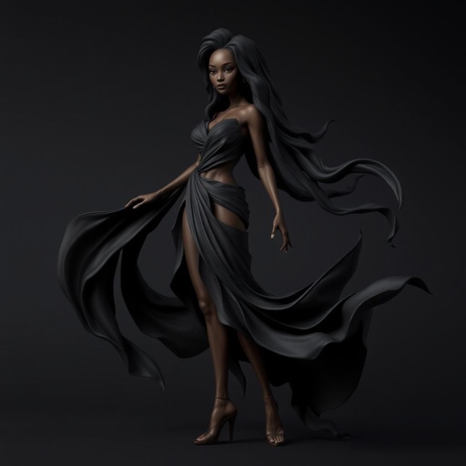 Create character hero Veyra of Shadows – A lithe, mysterious black decent woman draped in layered black silks that move like smoke around her. With jet-black hair. Show her whole body head to toe including her shoes.