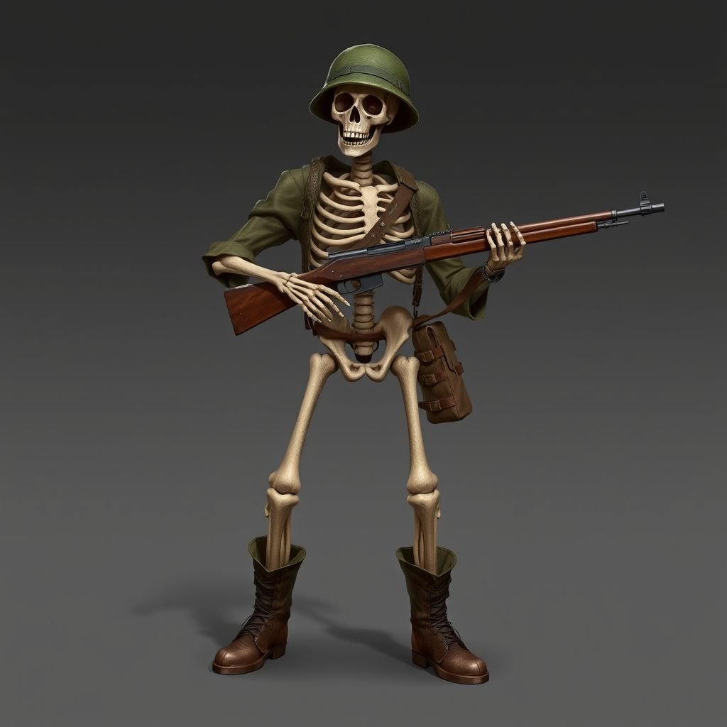A American skeleton in world war2 with a rifle
