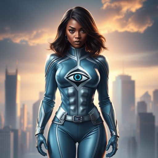 African American female superhero with hair in a shoulder length side part hairstyle with pure Glowing eyes wearing a leather light blue white and silver suit with light blue pants and silver boots and an Eye as her chest emblem in Philadelphia