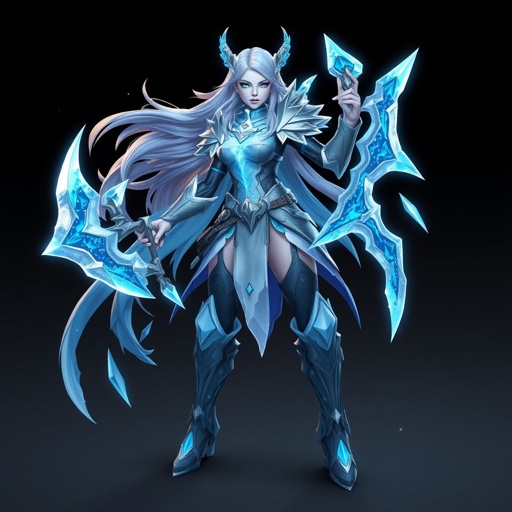 Create a battle woman hero called Alvara the Frostheart. Show full body head to toe including shoes