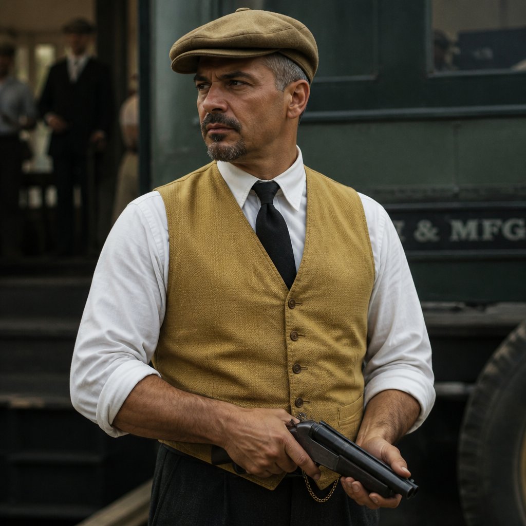 Human male, salt and pepper military haircut with a moustache and goatee. He is wearing a white long sleeve dress shirt with the sleeves rolled up to his elbows. He has a yellow suit vest over the shirt with a black tie around his neck. He has a yellowish drivers hat on his head. He is armed with a sawed off shot gun.