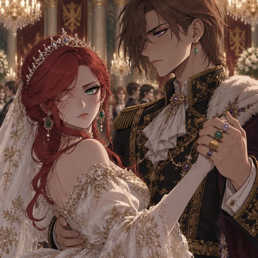 A princess, red hair swooped more on the right side hair is not blowing ,green eyes, right eve is scar and blind I,earrings, A prince, brown hair down to his neck, part of his hair is dropping down the right side of his head covering his eye a little more, beauty mark on right side cheek, cheekbones, purple eyes nice eyelashes, three earrings, multiple rings some with diamonds some jade some just golden have an arranged marriage both aren't happy about it it's there wedding day princess dressed an a beautiful royal wedding dress, prince in a royal wedding outfit dancing in the ballroom