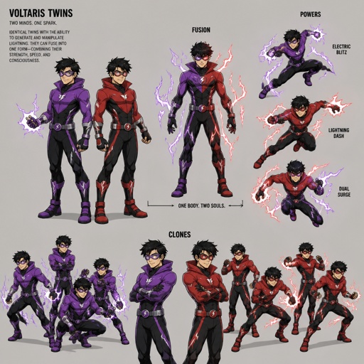 Male superhero twins with lightning powers, cool costume, goggles, one has purple the other has red, they can morph into one body, black hair,multiple of the same character 