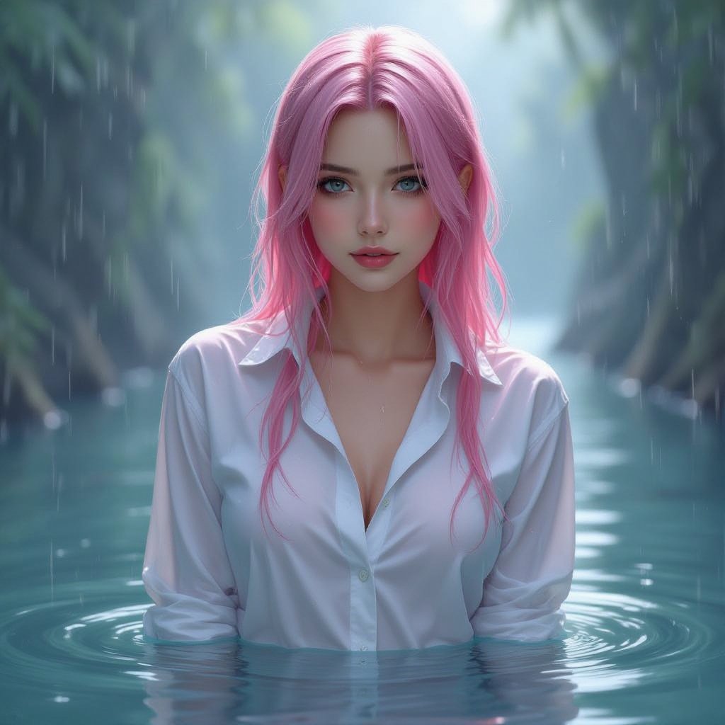 Slender Pink Haired Babe in a button up white cotton blouse soaking wet