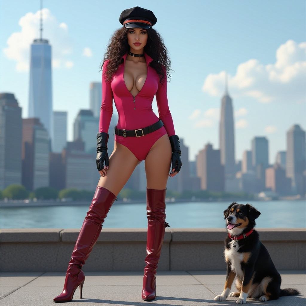 Dark Brown Frizzy Haired Spy Thief in a Tight Hot Pink full low v cut Bodysuit. Dark Red Thigh High Pump Boots. Black Biker Gloves. Black and Red Newsboy Cap. Dark Red open Vest. Black Leather utility belt