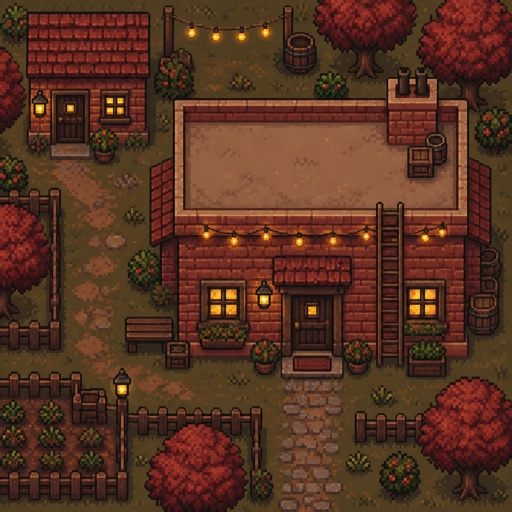 Cozy brick house with a flat roof and a smaller house on top left, fairy lights, ladder, for a modern fantasy game, top down style