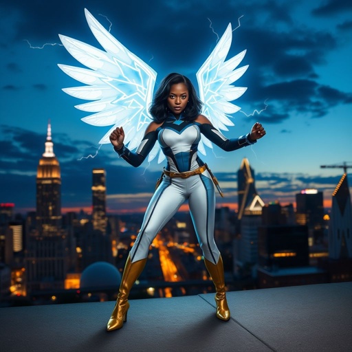 African American female superhero with shoulder length hair in a side part style and wings made of white lightning wearing a domino mask wearing a slightly homemade white blue and black suit with black pants with a stylized V as her chest emblem wearing blue flat boots made of gold standing in Philadelphia at dusk