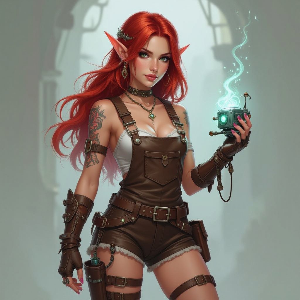 Red Head Half Elf Female Artificer in small leather short overalls NO TATTOOS with Tiny Robot Construct