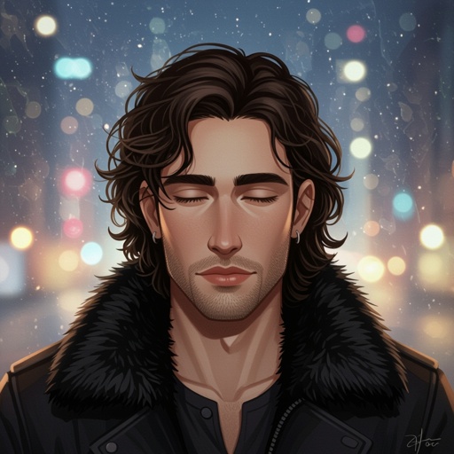 Mężczyzna o długich, lokowanych,  ciemnobrązowych, włosach. z krótkim zarostem.  ciemne oczy. Ubrany w czarną futrzaną kurtkę. Wąskie usta. Bez kolczyków. Pyzaty. Przymknięte oczy. Jasna kaukaska karnacja