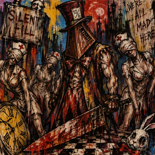 Silent Hill with pyramid head and the nurses with an Alice and wonderland spin with mad hatter as pyramid head
