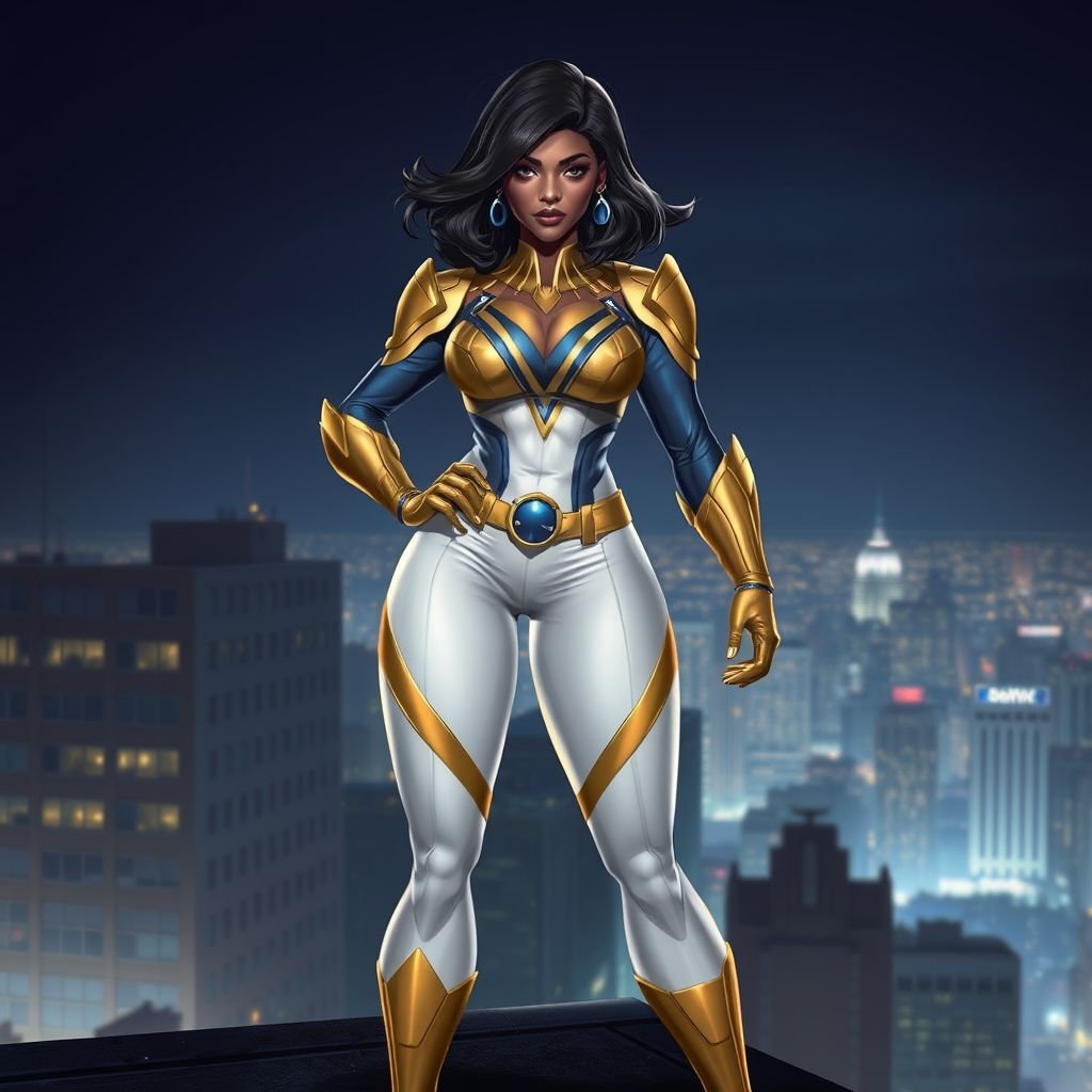 African American female superhero with shoulder length hair in a side part style wearing a slightly armored gold and white suit with blue accents with white pants and gold boots with a stylized V as her chest emblem standing ona roof in a Philadelphia at night