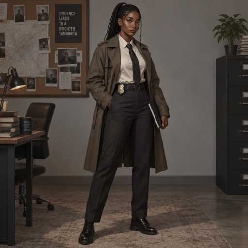 A full picture of a dark brown skinned woman with dark braids in a pony tail wearing a detective uniform 