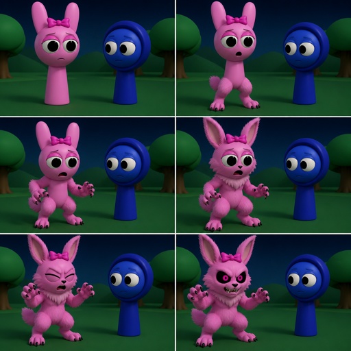 Pinki from sprunki starting to turn into her kind Wererabbit self in front of Jevin from sprunki with her legs and tail transforming and then her arms and then her ears and her neck gets fluffy and then she’s fully transformed with her eyes being black and pink