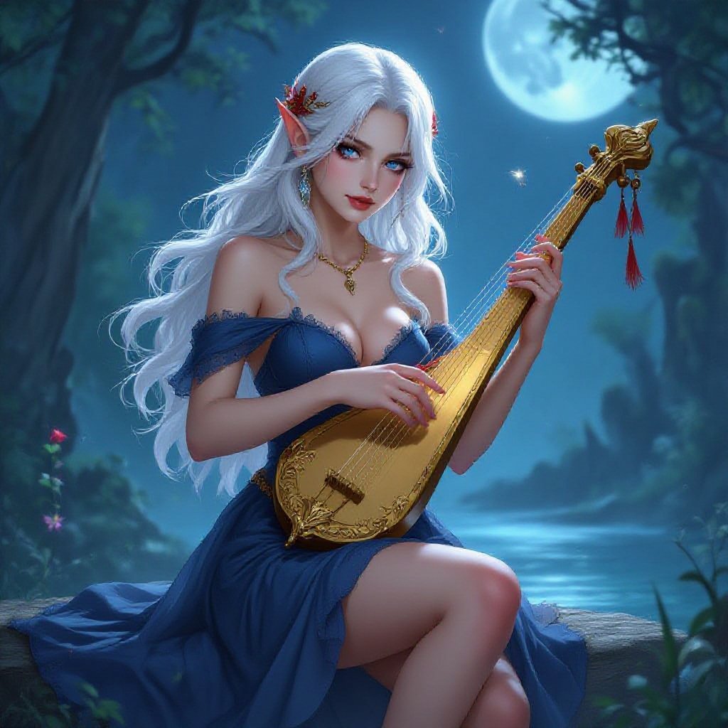 Isabella, The Moonlit Redeemer, very short dress, legs showing White hair, blue eyes, very short dress, playing the lyre was born into a noble vampire lineage, but from a young age, she felt a deep connection to the natural world and a longing to use her powers for good. As she came of age, Isabella witnessed the cruelty and suffering inflicted by her own kind, and her heart was filled with a profound empathy for the cursed and the fallen. Driven by this compassion, she embarked on a journey to seek out those trapped in the throes of darkness, offering them a chance at redemption and a path to healing. With her alluring yet gentle nature, Isabella became a beacon of hope, earning the titles of "The Empress of Empathy" and "The Queen of the Night Garden." Her moonlit grotto, a sanctuary of tranquility and acceptance, became a haven for those seeking to break free from their cursed existence, and her embrace, both comforting and transformative, guided them towards a future of peace and redemption.