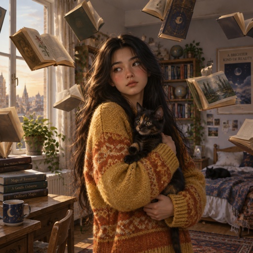 Mädchen mit langen schwarzen Haaren und einem gelb orange gestrickten Pullover und schwarz brauner Kätzchen