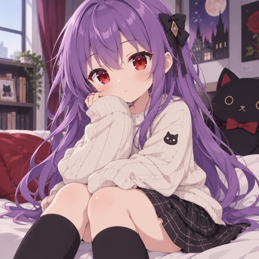 Child, girl , sweater, skirt, purple hair, red eyes 
