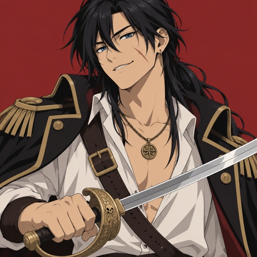 Male, Asian, black long hair with side bangs on one side, blue eyes, ear piercing, scar on face, pirate clothes, coat hangs on shoulders, sword, smile, necklace