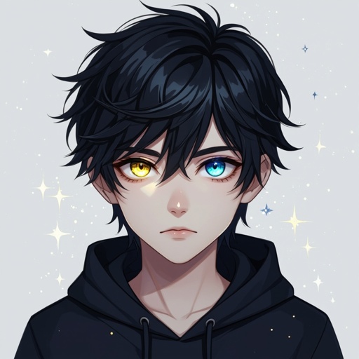 Dark mysterious character teenager boy,with a golden eye and bluish greenish eye
