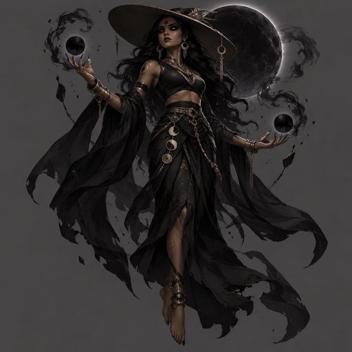 Female Villain with black moon abilities, black eyes, sun hat, floating, Indian, Full body