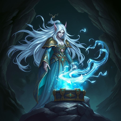 Magical blue treasure chest glowing with power in a cave