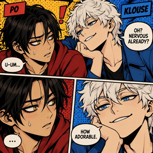 Male, Asian, neck length black hair, yellow eyes, eyeliner, wears red casual clothes, nervous, small mouth, male, fluffy white hair, big blue eyes, long smile, snobby, wears blue, the Asian guys name is Po, the white haired males name is Klouse