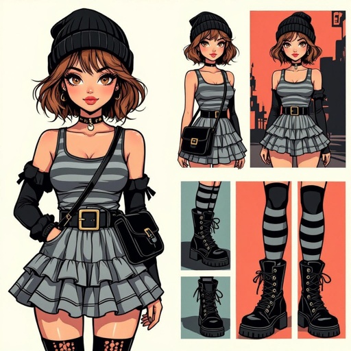 Light Brown Short Hair Babe Striped gray tank dress with ruffled mini-skirt, thigh-high socks, chunky black buckle boots, black beanie, and cross-body bag — casual goth-punk streetwear.