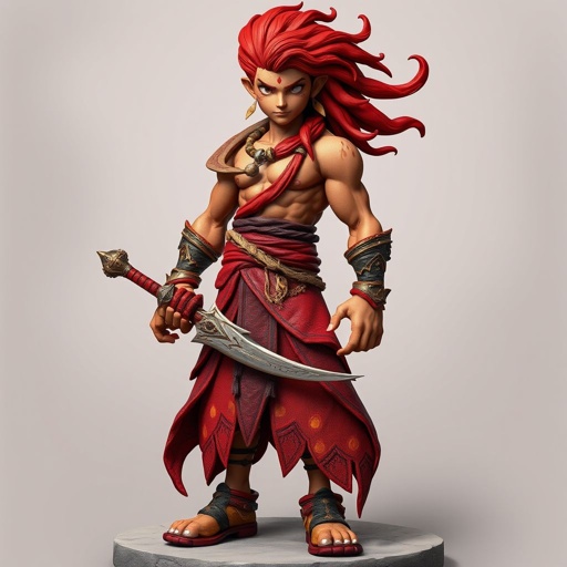 Create character hero  Rhen the Fire-Singer – A lean, muscular man. His hair is a wild mane of deep crimson. He wears layered, flowing desert robes dyed in warm reds and golds, with scorch marks where flames have licked them. A curved blade hangs at his hip.  Show her whole body head to toe including her shoes.