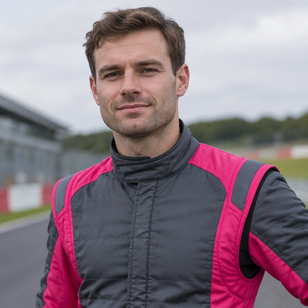 A British man in a dark pink and grey racing uniform with no logos or sponsors