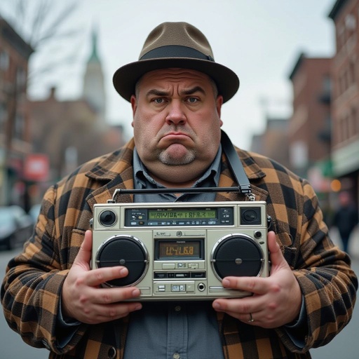 Create a funny fat guy who isnt friendly from New York  has a boom box radio , make the graphics not human 