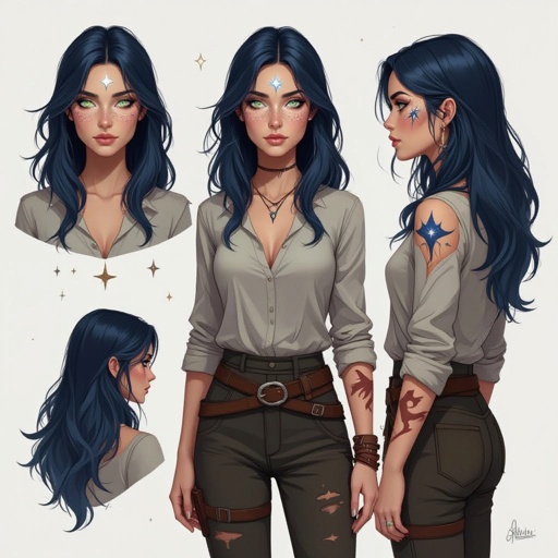 Hair:Dark Blue into Black- waist length Facial features: star freckles, eye brow scar on right side( closest to the nose), crescent moon birthmark behind the left ear - close to the lobe Eyes: Grey Body Type: Hourglass Height: 4’8 Preferred outfit: Long Sleeve Shirt and Pants Other: • Scars on arms, back, and legs • Burn marks on back and arms • Draco Constellation on right shoulderblade