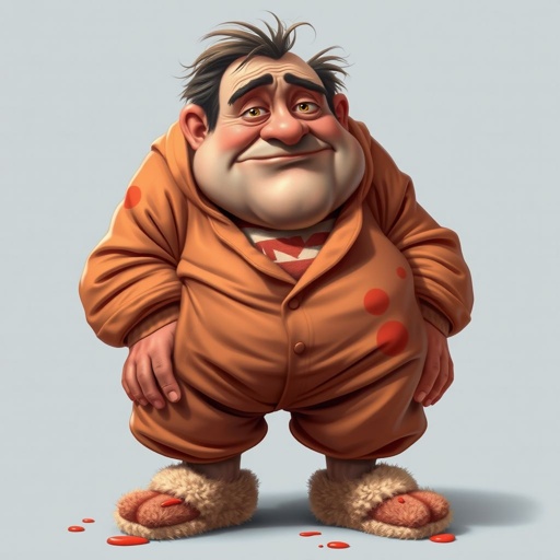 Create a adult humor character who is lazy as heck. And you could tell from his face and his entire outfit. Make is funny and the style of the graphic photographic 