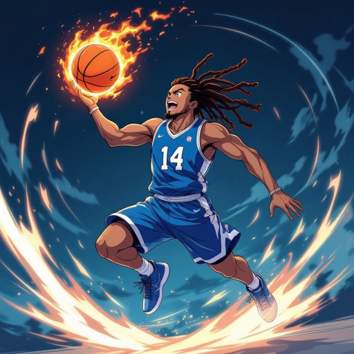 My character is a kind of muscular kind of on the lighter skin guy with 12 big dreadlocks and a blue basketball jersey with the number 14 and a chain on his neck and he is jumping in the air to dunk the ball that’s on fire 