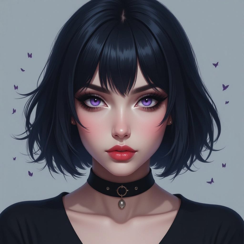 Create fat mysterious woman jet-black hair is cut sharp to her jawline, and her violet eyes seem to pierce through darkness. A shadowy aura clings to her form, faint shapes shifting and flickering behind her like whispers of another realm. Show whole body head to toe
