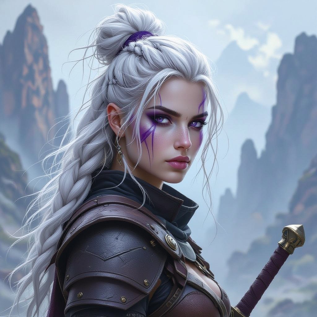 A female Goliath dnd character who has white messy battle buns down the middle and long flowing hair with and fair pale porcelain skin with purple streaks across her face and body and deep violet purple eyes