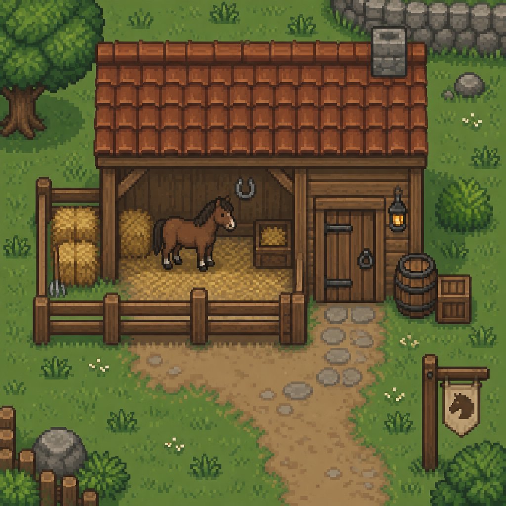 cozy small single stable for a modern fantasy game, exterior, top down style