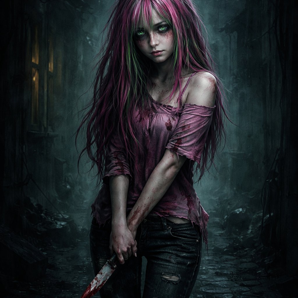 A 17 year old girl who has pink hair with green stripes and has green eyes. She is wearing a pink shirt and jeans. She looks shy but is holding a small knife at her side.