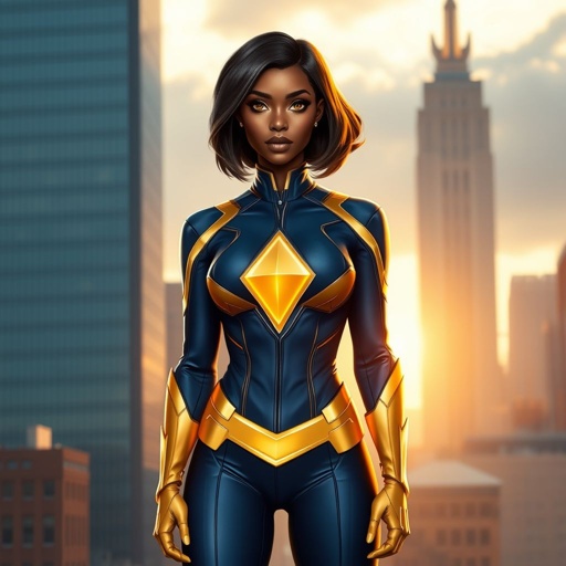 African American female superhero with hair in a shoulder length side part hairstyle with pure Gold Glowing eyes wearing a navy blue and gold suit with navy blue pants and gold knee length boots with a diamond with the top half gold and the bottom half black as her chest emblem in Philadelphia