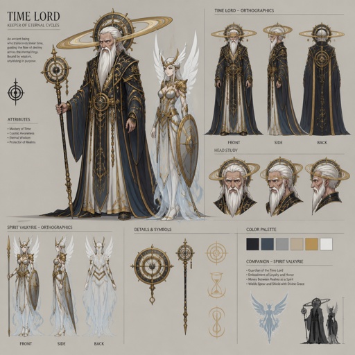 time lord with saturn rings white beard, female spirit valkyrie companion