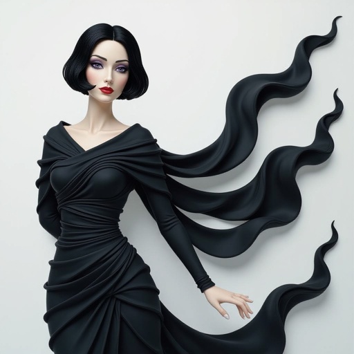 Create A lithe, mysterious woman draped in layered black silks that move like smoke around her. Her jet-black hair is cut sharp to her jawline, and her violet eyes seem to pierce through darkness.