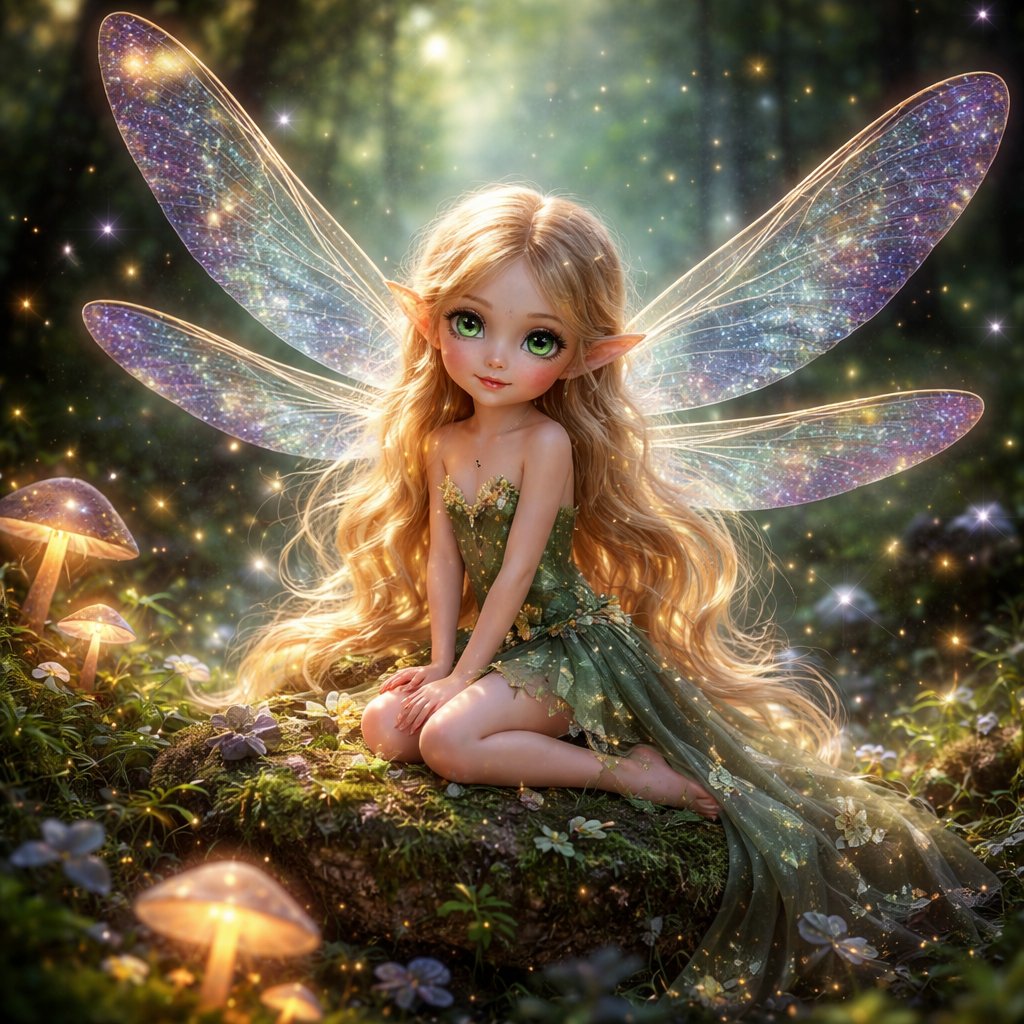 A small folkloric fairy with golden hair and big green eyes she has very long dragonfly wings